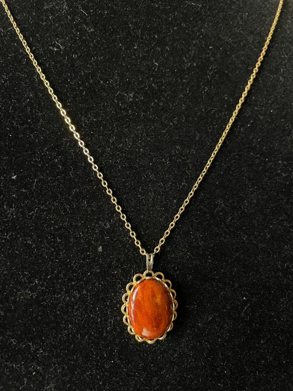 Art Deco Style Orange Stone Pendant Slide Necklace — Gold Tone